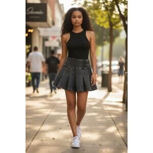 Wild Fable Black Wash Women's Jean Skort Size 14 Pleated Buckles‎